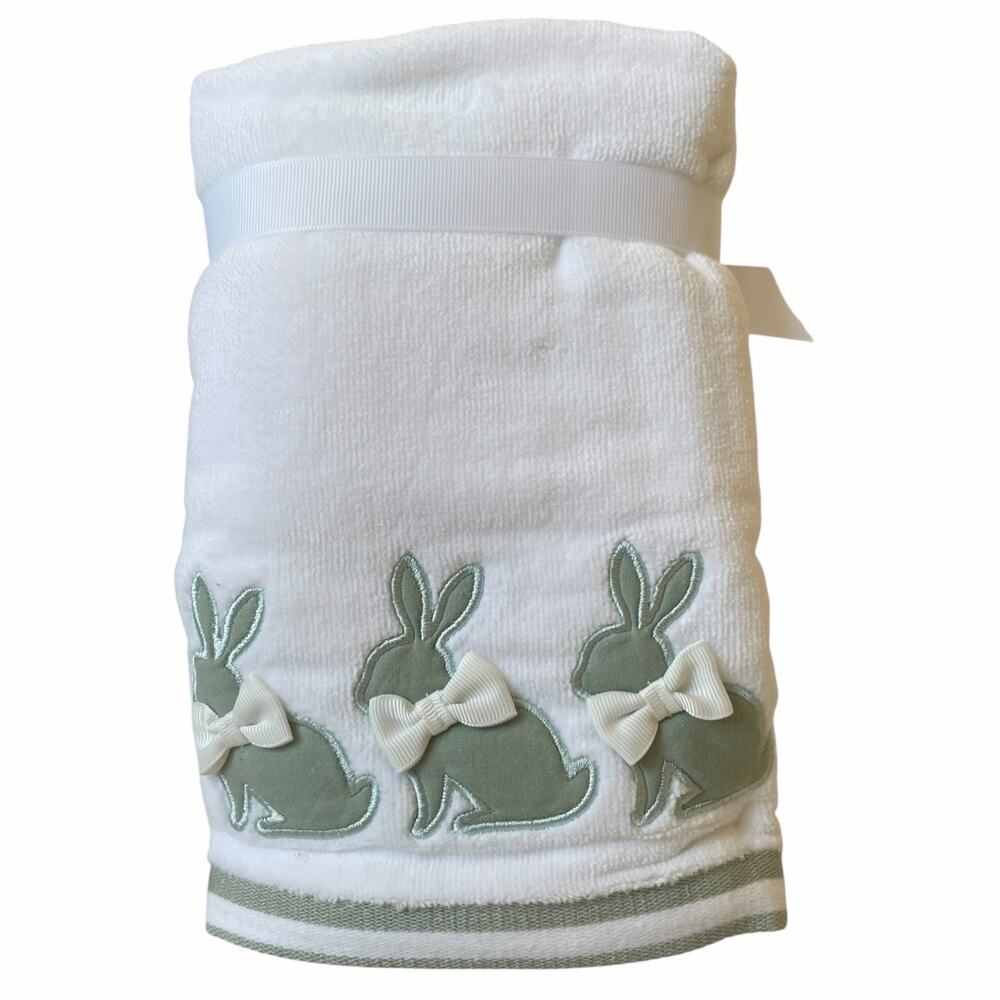 Caro Easter Bunny w/ Bow Hand Towels 2pc 16x28 Embroidered Green & White NEW